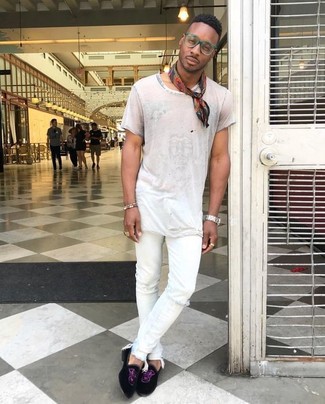 Men's White Crew-neck T-shirt, White Ripped Skinny Jeans, Black Suede Loafers, Red Print Bandana