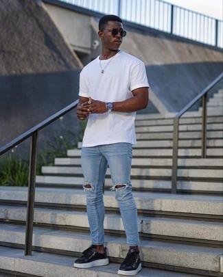 Men's White Crew-neck T-shirt, Light Blue Ripped Skinny Jeans, Black Leather Low Top Sneakers, Navy Sunglasses