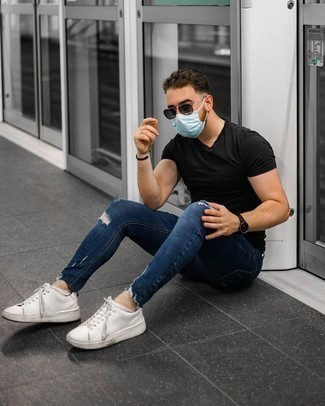 Men's Black Crew-neck T-shirt, Navy Ripped Skinny Jeans, White Canvas Low Top Sneakers, Charcoal Sunglasses