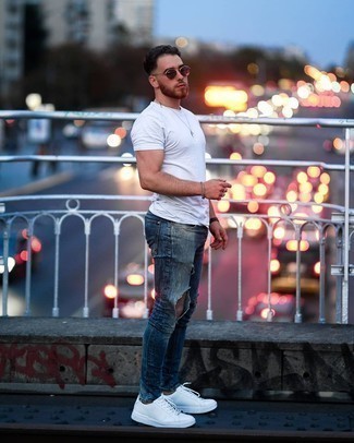 Men's White Crew-neck T-shirt, Blue Ripped Skinny Jeans, White Leather Low Top Sneakers, Burgundy Sunglasses