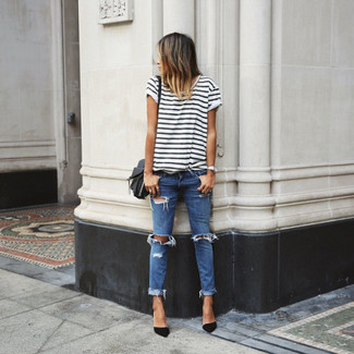 Women's Black and White Horizontal Striped Crew-neck T-shirt, Blue Ripped Skinny Jeans, Black Suede Pumps, Black Leather Crossbody Bag