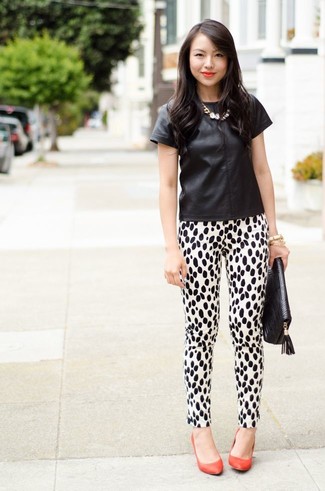 Women's Black Leather Crew-neck T-shirt, White and Black Leopard Skinny Pants, Red Leather Pumps, Black Leather Clutch