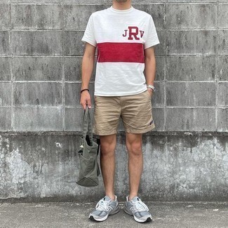 Beige Sports Shorts Outfits For Men: For an off-duty outfit, go for a white and red print crew-neck t-shirt and beige sports shorts — these two pieces fit really good together. A pair of grey athletic shoes looks great here.