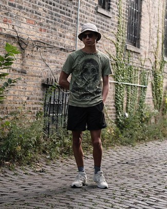 White Bucket Hat Outfits For Men: Why not consider pairing an olive print crew-neck t-shirt with a white bucket hat? As well as totally functional, both of these pieces look good worn together. For something more on the elegant side to round off your outfit, complement your ensemble with grey athletic shoes.