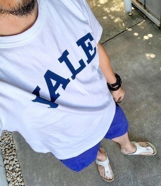 Men's White and Navy Print Crew-neck T-shirt, Navy Sports Shorts, White Leather Flip Flops, Black Leather Watch