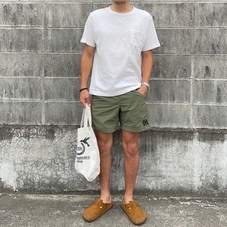 Men's White Crew-neck T-shirt, Olive Sports Shorts, Brown Suede Loafers, White and Black Print Canvas Tote Bag