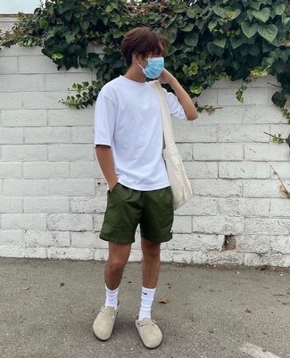 Men's White Crew-neck T-shirt, Olive Sports Shorts, Beige Suede Loafers, Beige Canvas Tote Bag
