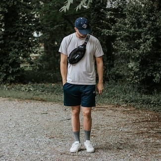 Men's White Crew-neck T-shirt, Navy Sports Shorts, White Canvas Low Top Sneakers, Black Canvas Fanny Pack