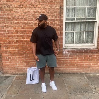 Men's Dark Brown Crew-neck T-shirt, Dark Green Sports Shorts, White Leather Low Top Sneakers, Grey Canvas Tote Bag