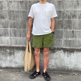 Dark Green Sports Shorts Outfits For Men: This pairing of a white crew-neck t-shirt and dark green sports shorts is a safe bet for an effortlessly stylish look. Finishing off with a pair of black canvas sandals is a guaranteed way to infuse a more laid-back aesthetic into this ensemble.