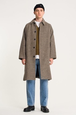 Camel Check Overcoat Outfits: 