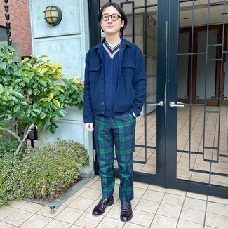 Men's Navy and Green Plaid Chinos, White Crew-neck T-shirt, Navy Sweater Vest, Navy Wool Shirt Jacket