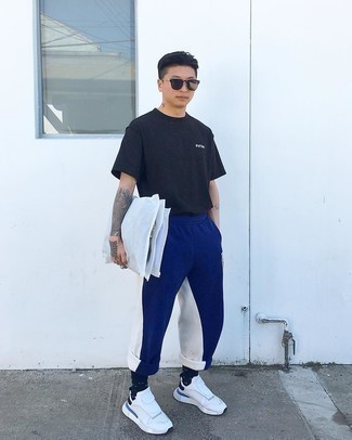 Men's Black Crew-neck T-shirt, Navy and White Sweatpants, White and Navy Athletic Shoes, Black Sunglasses