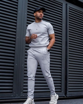 Grey Crew-neck T-shirt with Grey Sweatpants Hot Weather Outfits For Men (6  ideas & outfits)