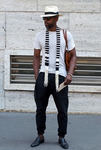 Men's White Crew-neck T-shirt, Black Sweatpants, Black Leather Loafers, Brown Leather Tote Bag
