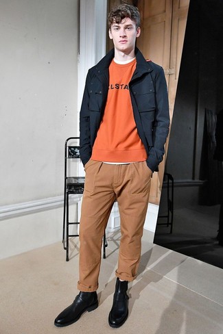 Orange Print Sweatshirt Smart Casual Outfits For Men: 