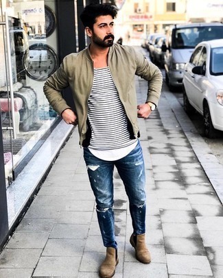 Navy Ripped Jeans Outfits For Men: 