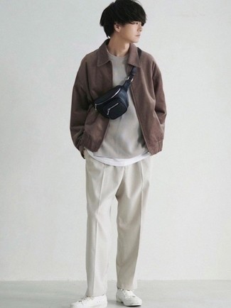 Dark Brown Suede Harrington Jacket with Beige Chinos Outfits: 