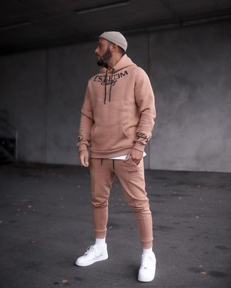 Men's White Crew-neck T-shirt, Tan Track Suit, White Canvas Low Top Sneakers, Beige Beanie