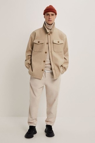 Tan Wool Shirt Jacket Outfits For Men: 