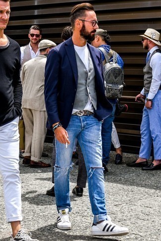 Grey Waistcoat with Blue Ripped Jeans Outfits: 