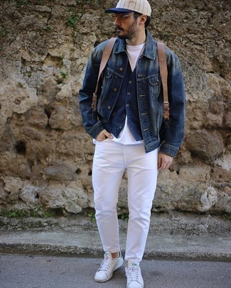 White and Green Low Top Sneakers with Denim Jacket Outfits For Men: 