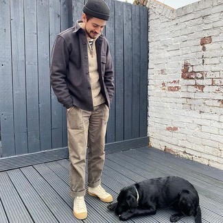 Men's Brown Chinos, White and Black Horizontal Striped Crew-neck T-shirt, Beige Zip Neck Sweater, Charcoal Shirt Jacket