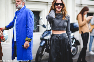 Women's Charcoal Cropped Sweater, Black Pleated Leather Midi Skirt, Black Suede Crossbody Bag, Black Sunglasses