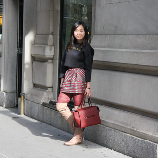 Women's Black Cropped Sweater, Red Print Mini Skirt, Tan Leather Over The Knee Boots, Burgundy Leather Tote Bag