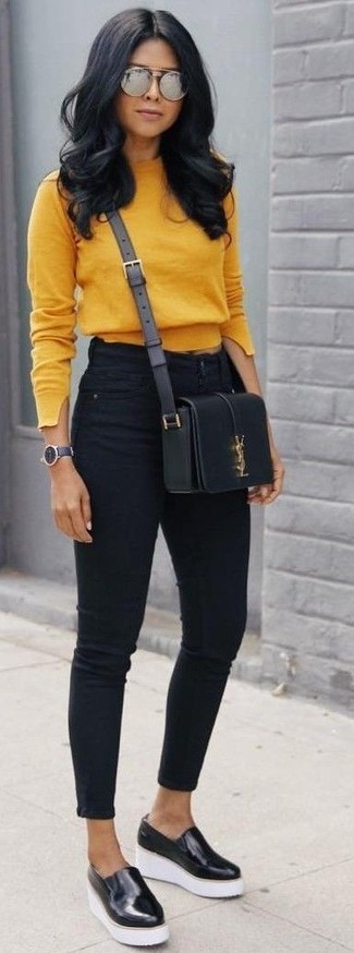 Women's Tobacco Cropped Sweater, Black Skinny Jeans, Black and White Leather Platform Loafers, Black Leather Crossbody Bag