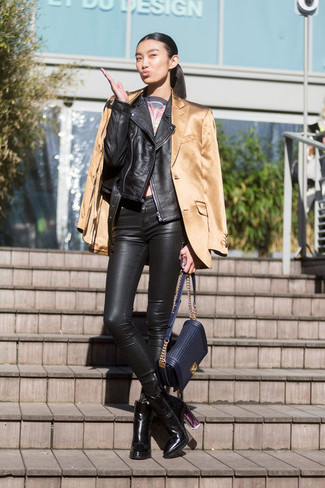 Women's Black Leather Skinny Pants, Charcoal Print Cropped Top, Tan Satin Blazer, Black Leather Biker Jacket