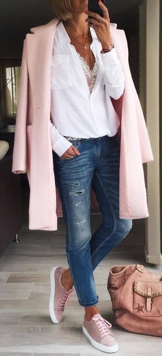 Pink Suede Low Top Sneakers Outfits For Women: 
