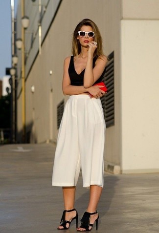 Women's Black Cropped Top, White Culottes, Black Fringe Leather Heeled Sandals, Red Clutch
