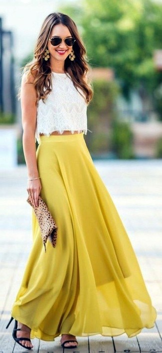 White Lace Cropped Top Outfits: This casual combo of a white lace cropped top and a yellow pleated chiffon maxi skirt is super easy to throw together in no time, helping you look chic and prepared for anything without spending too much time digging through your wardrobe. Complement your look with black leather heeled sandals to instantly rev up the wow factor of your look.