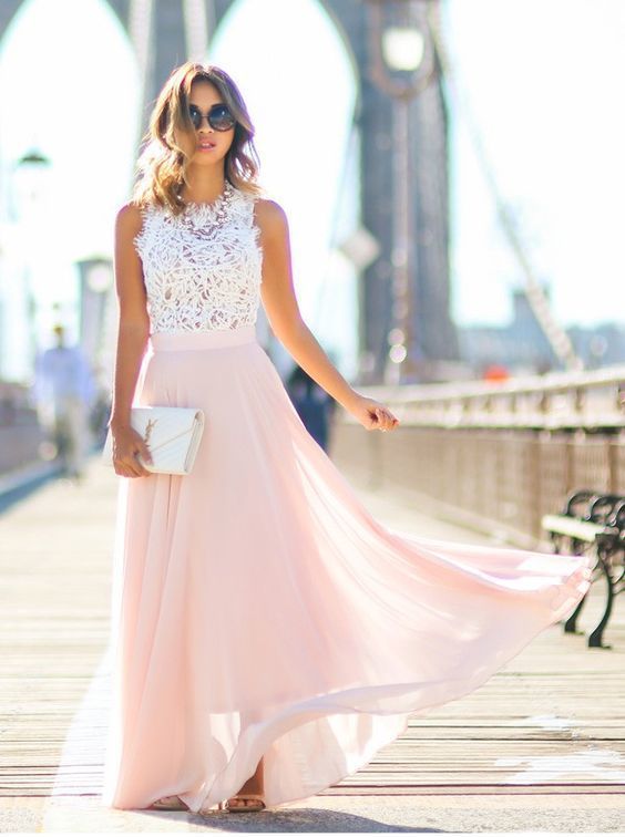 Women s White Lace Cropped Top Pink Chiffon Maxi Skirt Beige Leather Heeled Sandals White Leather Clutch Lookastic