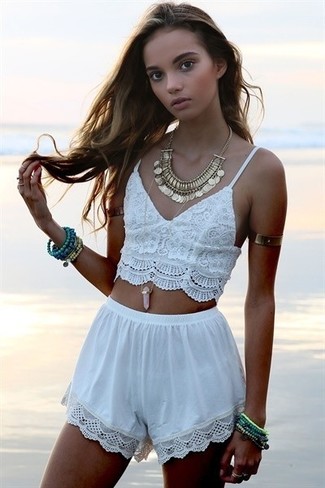 Women's White Lace Cropped Top, White Lace Shorts, Gold Necklace, Gold Bracelet