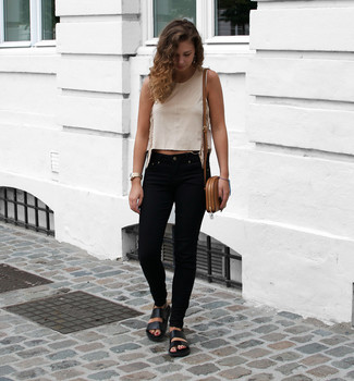 Women's Beige Cropped Top, Black Skinny Jeans, Black Leather Flat Sandals, Brown Leather Crossbody Bag
