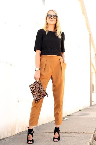 Women's Black Cropped Top, Tobacco Tapered Pants, Black Suede Heeled Sandals, Tan Leopard Suede Clutch