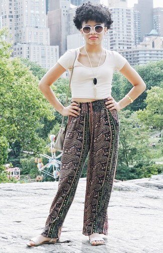 Women's Beige Cropped Top, Black Paisley Wide Leg Pants, White Leather Flat Sandals, Grey Leather Crossbody Bag