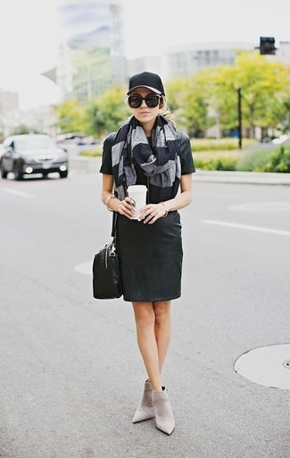 Women's Black Cap, Black Leather Crossbody Bag, Grey Suede Ankle Boots, Black Leather Shift Dress