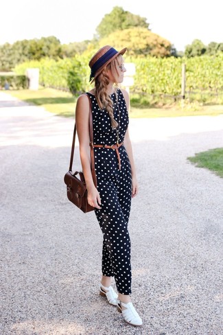 Women's Brown Straw Hat, Dark Brown Leather Crossbody Bag, White Leather Flat Sandals, Black and White Polka Dot Jumpsuit