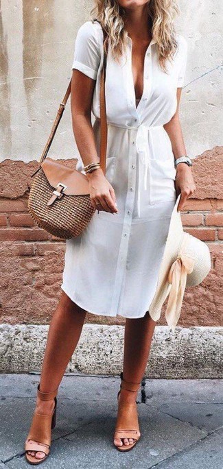 Tan Leather Heeled Sandals Outfits: 