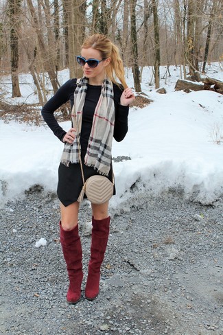 Burgundy Suede Knee High Boots Outfits: 