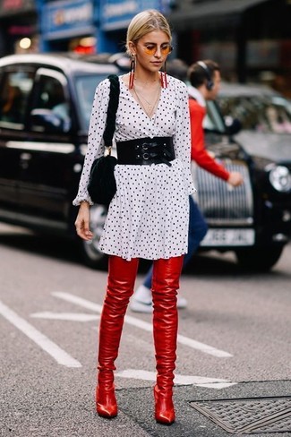 Red Leather Over The Knee Boots Outfits: 