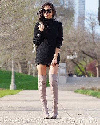 Grey Leather Over The Knee Boots Outfits: 