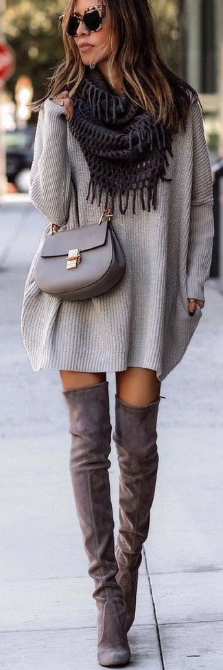 Women's Violet Scarf, Grey Leather Crossbody Bag, Grey Suede Over The Knee Boots, Grey Knit Sweater Dress