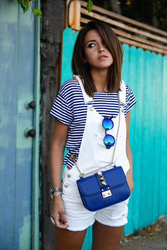 Women's Blue Sunglasses, Blue Leather Crossbody Bag, White Denim Overall Shorts, White and Navy Horizontal Striped Crew-neck T-shirt
