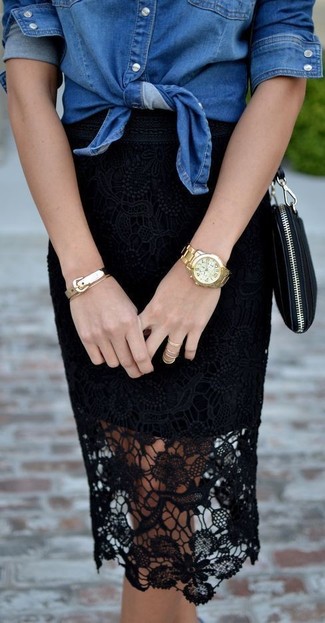 Women's Gold Bracelet, Black Leather Crossbody Bag, Black Lace Pencil Skirt, Blue Denim Shirt