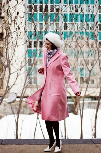 Women's White Fur Hat, White Leather Crossbody Bag, White Leather Pumps, Pink Coat