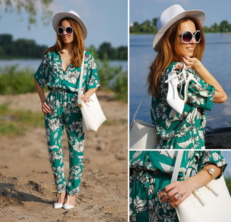 Women's White Straw Hat, White Leather Crossbody Bag, White Leather Pumps, Green Floral Jumpsuit